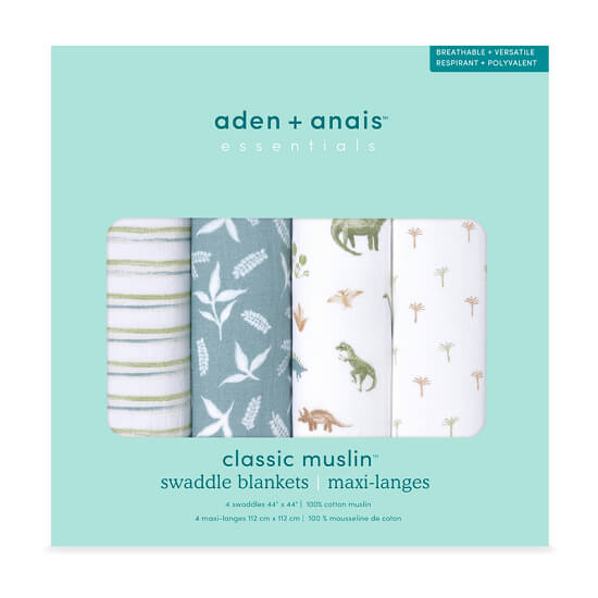 Aden + Anais essentials 嬰兒棉紗包巾 4pcs - Dino Jungle