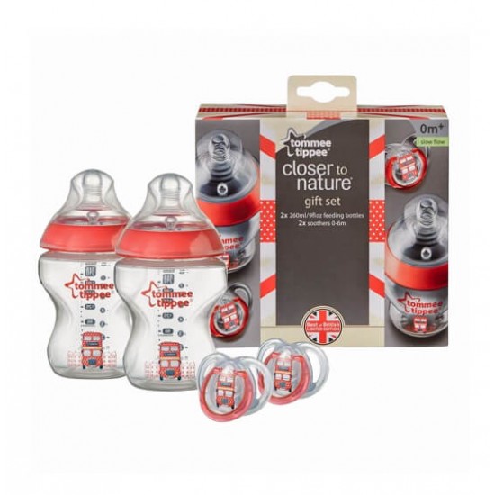 Tommee Tippee Closer to Nature 禮盒 London Bus  260ml 印花奶瓶 x 2 pcs + 安撫奶嘴 x 2 pcs